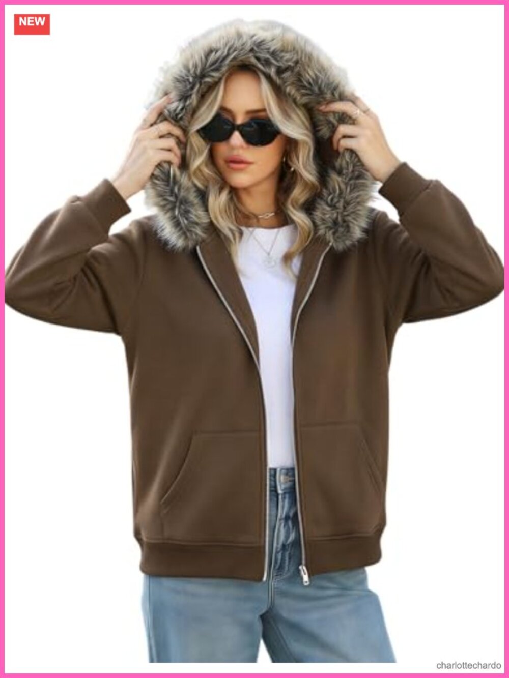 Womens Y2K Zip Up Hoodie Faux Fur Trim Oversized Grunge Jacket